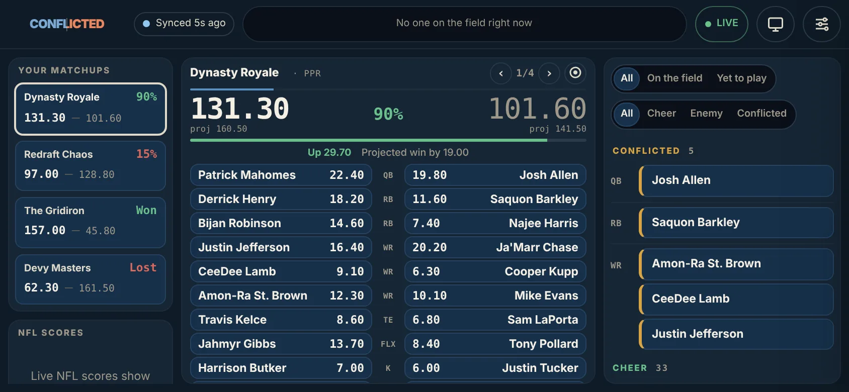 Maniac Mode on a phone turned sideways: your matchups, the Dynasty Royale lineups at a 90% win chance, and Who to root for