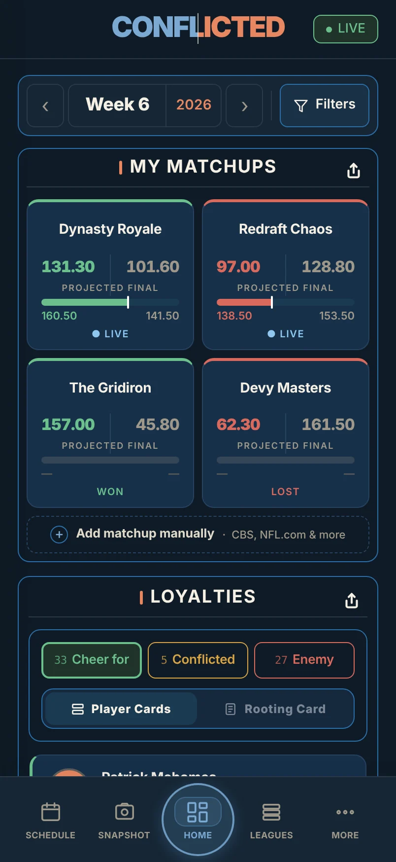 My Matchups: four leagues with live scores, projected finals and win or loss status
